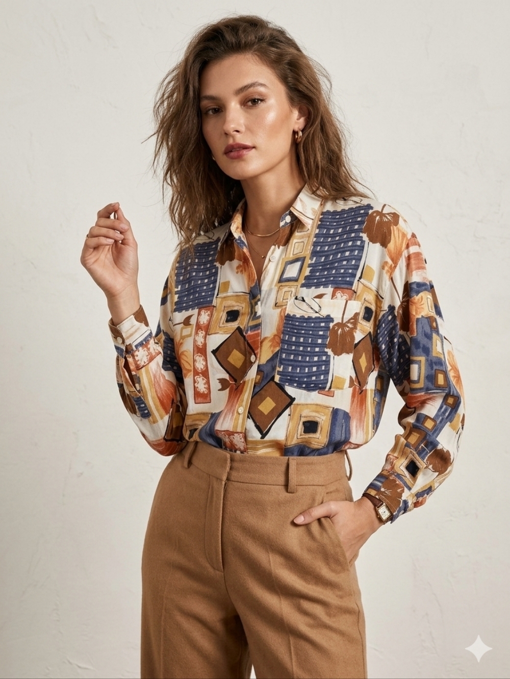 Vintage Rayon Long Sleeve Blouse Earthy Fall Patchwork Print